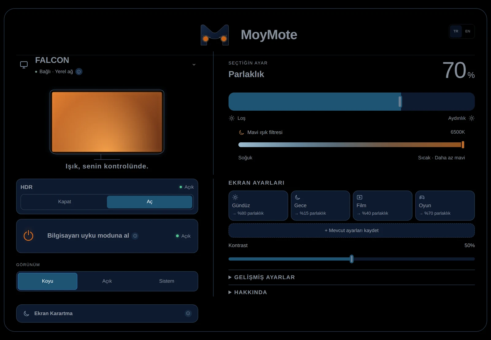 Koyu görünümde MoyMote masaüstü paneli: parlaklık, mavi ışık filtresi, HDR ve kayıtlı ekran modları