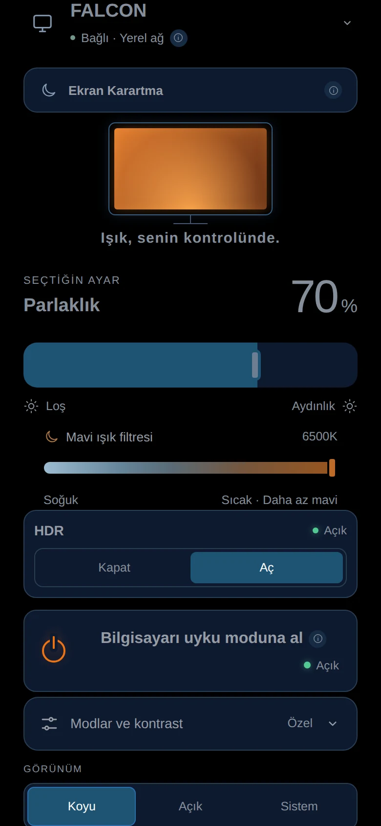 MoyMote telefon panelinde soğuktan sıcağa mavi ışık filtresi kaydırıcısı