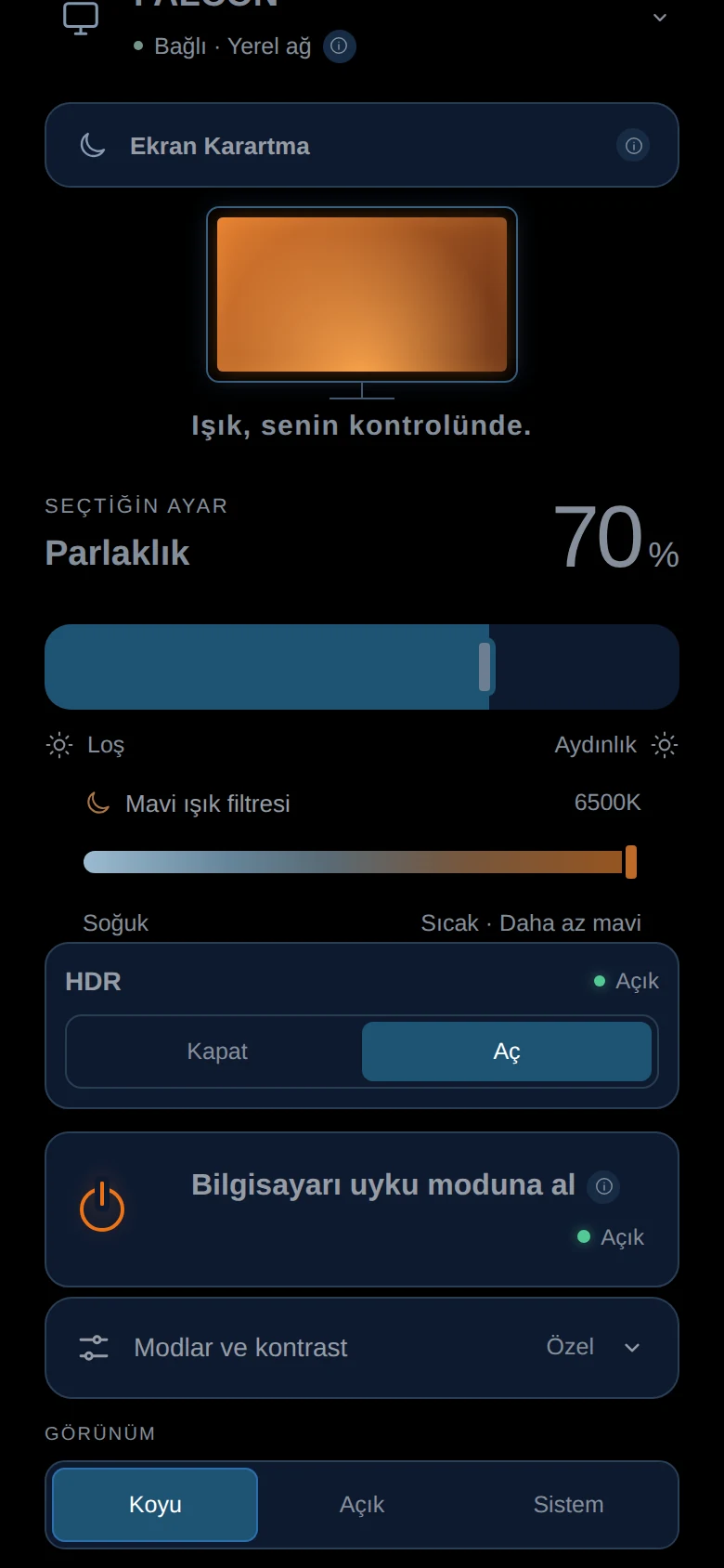 Koyu görünümde MoyMote telefon paneli: yerel ağa bağlı monitör, parlaklık, mavi ışık filtresi ve HDR kontrolleri