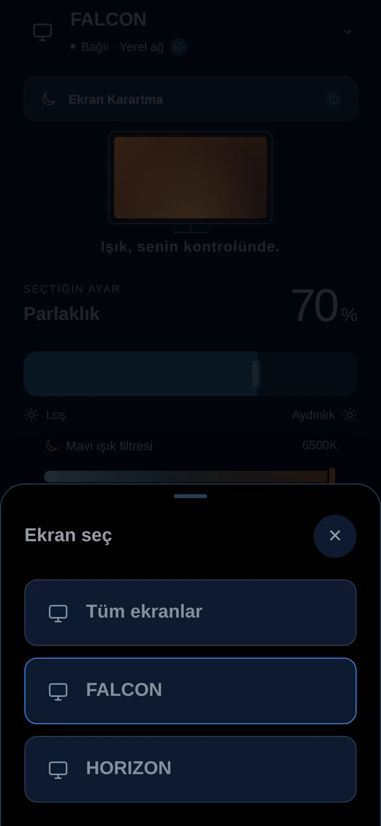 MoyMote ekran seçicisi: Tüm ekranlar ve bağlı iki monitör (örnek adlar)