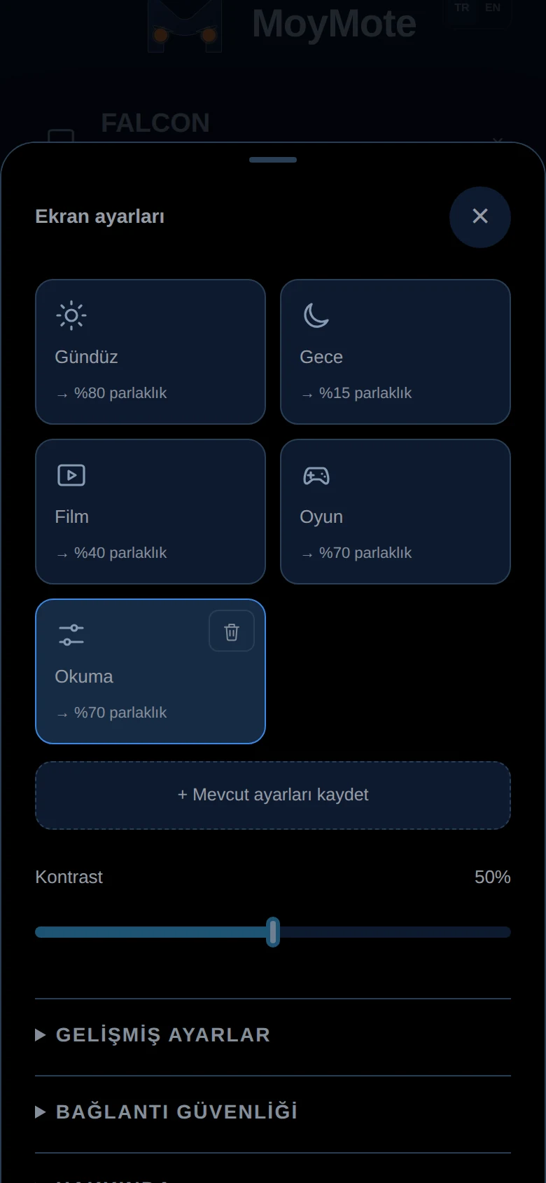 MoyMote kayıtlı ekran modları: Gündüz, Gece, Film, Oyun ve bir özel mod
