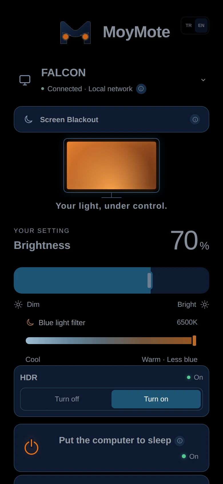 MoyMote phone panel connected to a monitor over the local network, brightness slider visible