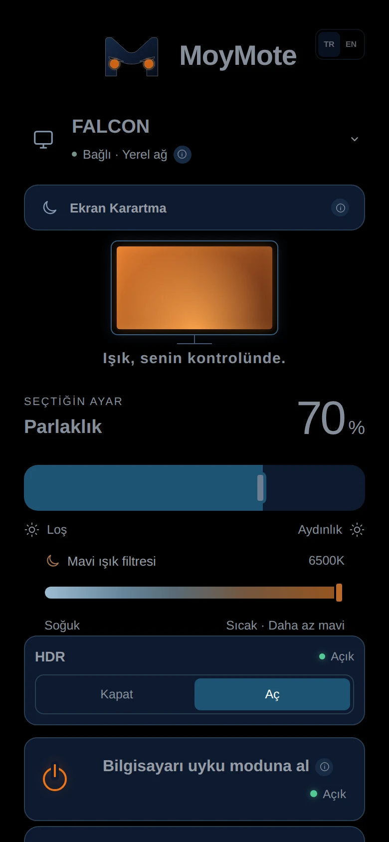 MoyMote telefon paneli: yerel ağa bağlı monitör ve parlaklık kaydırıcısı