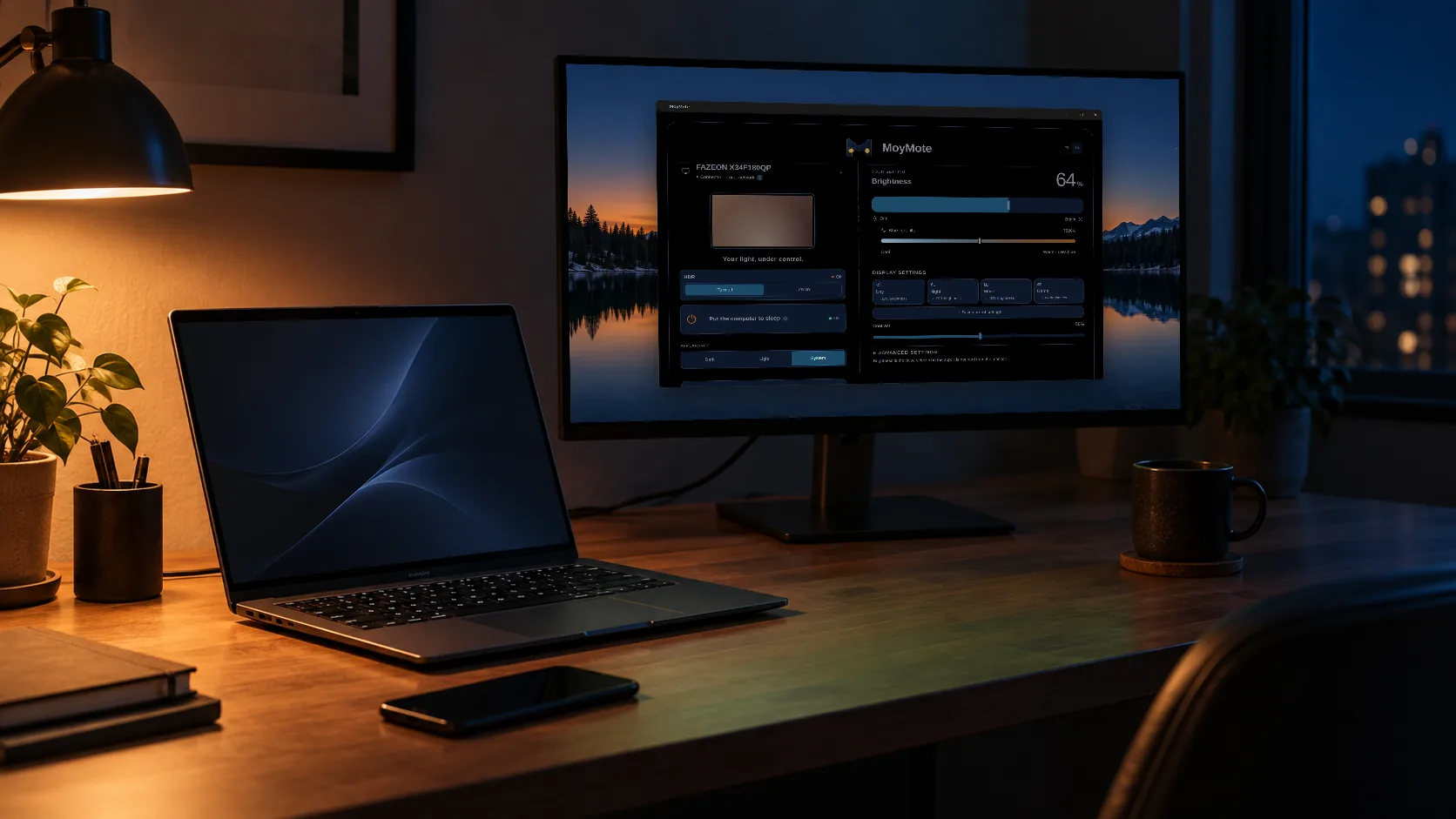 A desk at night with a laptop and an external monitor showing the MoyMote desktop app window