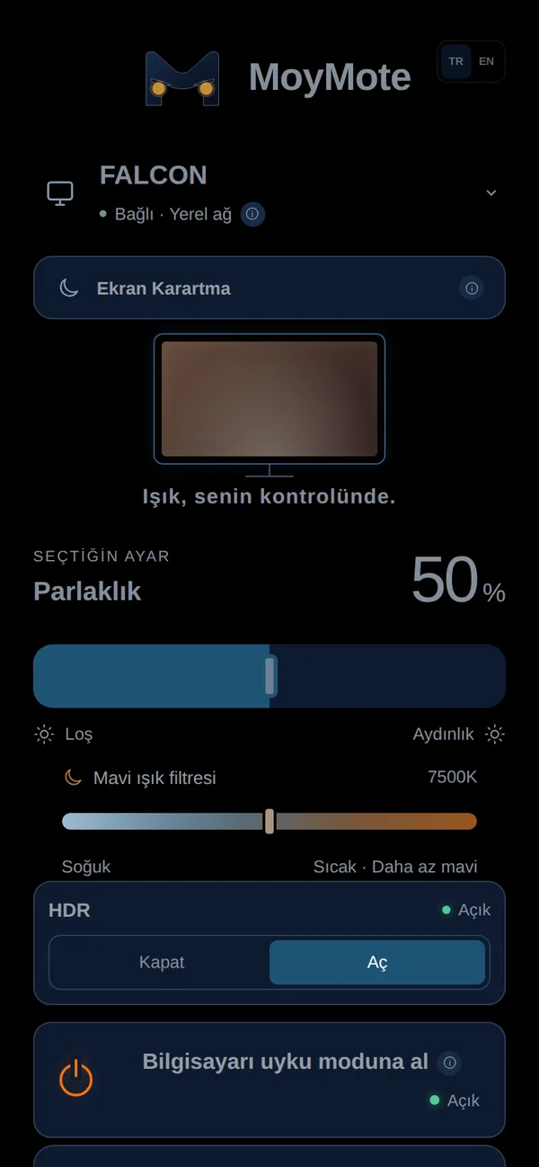 Koyu görünümde MoyMote telefon paneli, parlaklık %50
