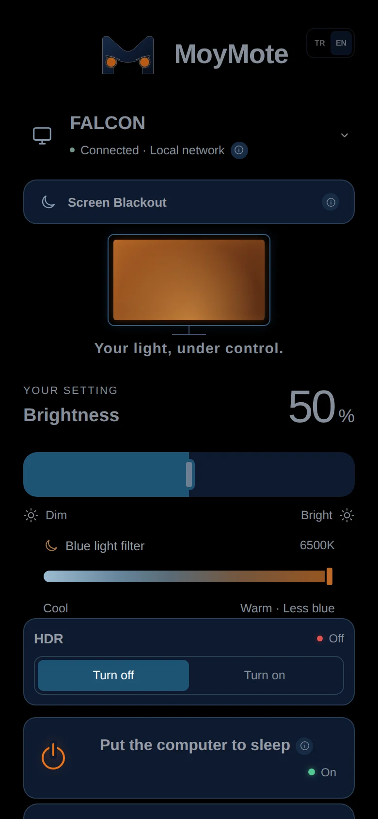 MoyMote phone panel right after pairing, brightness at 50%