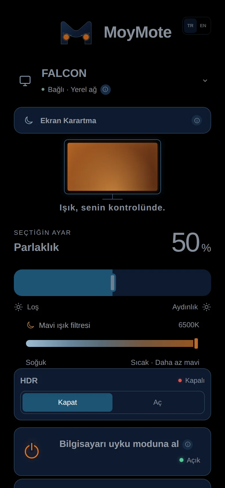 Eşleştirmeden hemen sonra MoyMote telefon paneli, parlaklık %50